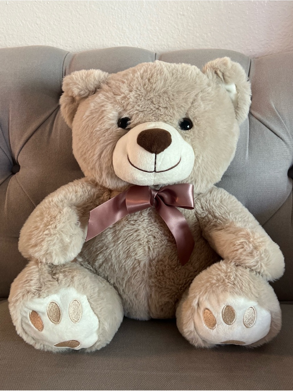 Plush Beige Teddy Bear with Bow - Soft Cuddly Kids Toy 14 inches